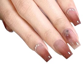Ombre Press on Nails Coffin Short Fake Nails with Pearl Glitter Design Glue on Nails Cute Red Gradient False Nails Glossy Artificial Stick on Nails for Women Girls 24Pcs