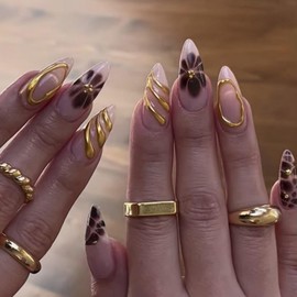 5D Embossed Gold Stripe Press on Nails Medium Almond Fake Nails with Black Flower Design Reusable Glossy Gold Rhinestone False Nails for Women Girls Daily Manicure 24pcs