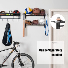 XCSOURCE Sports Equipment Organizer, 3-Tier Ball Storage Rack with Bat & Racket Holders, Wall Mounted Garage Sports Gear Storage Shelf with 4 Hooks for Balls, Helmets & Accessories (Matte Black)