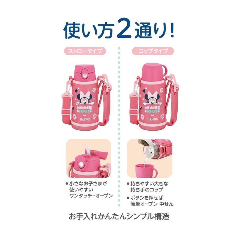Thermos FJO-601WFDS CP Vacuum Insulated 2-Way Bottle, Minnie, Coral Pink,