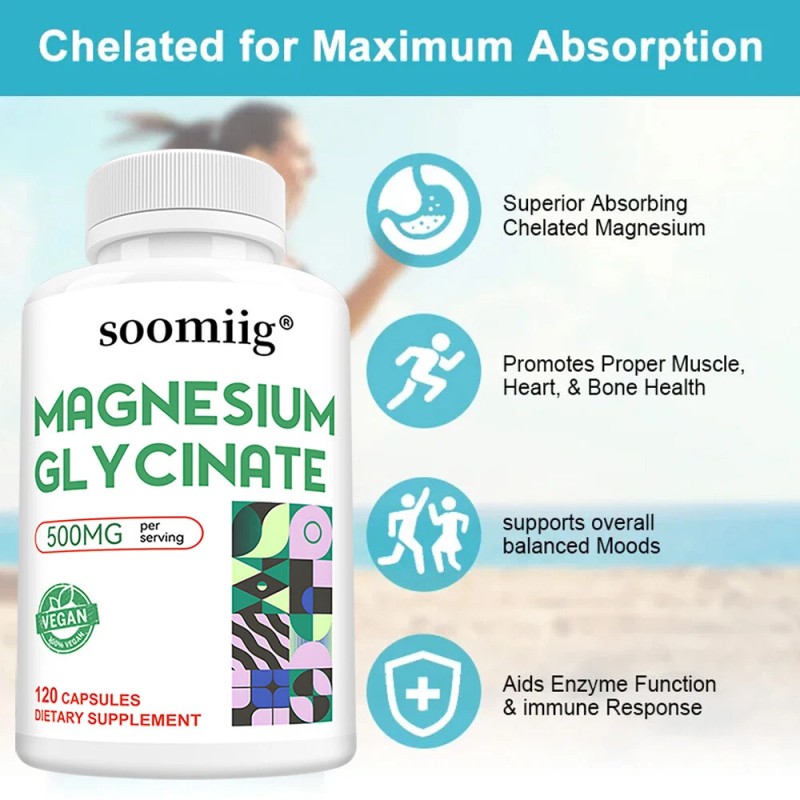 SOOMIIG Magnesium Glycinate 120 Capsules - Improves mood and sleep,
