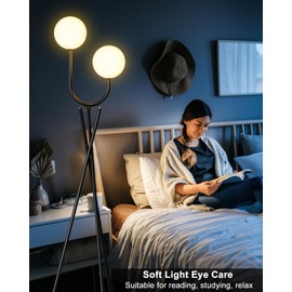 Lightdot Black Tripod Floor Lamp U-Shape Vintage Standing Lamps with 2Pcs Globe 3000K Bulbs Stable Base Mid Century Modern Floor Lamp for Living Room, Home Office