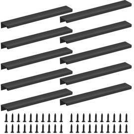 BATINO Pack of 10 Hidden Furniture Handles, Black, 200 mm Cabinet Handles, Black with 16 Screws for Bedroom, Kitchen Cabinets, Wardrobe, Hidden Door Handles, Aluminium