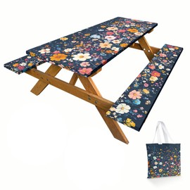 French Flowers Picnic Table Cover with Bench Covers and Carrying Bag, Vintage Berry Garden Rectangle Table Cover Outdoor Patio Camping Essentials 72 inch 4PCS Camping Fitted Tablecloth