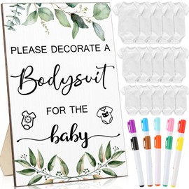 Handepo 26 Pcs Baby Shower Games with Decorate Bodysuit Game Wooden Sign White Newborn Bodysuit Fabric Markers for Baby Shower Party (Green Leaves)