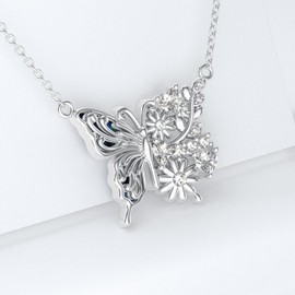 Butterfly Necklace for Women 925 Sterling Silver Bule Abalone Daisy Butterfly Pendant Necklaces Jewelry Gifts for Wife Girlfriend Mom