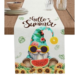Cotton Linen Table Runner 90 Inches Long, Summer Gnomes Table Runners Sunflowers Watermelons Tropical Leaves Non-Slip Dresser Scarf Table Setting Decor for Farmhouse Kitchen Dinner Party Holiday