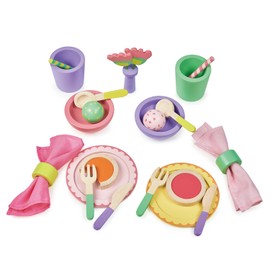 Mentari Toys Colorful Wooden Party Set with Vase, Plates, Bowls, Serviettes, Cups, Straws, Scoops, Tarts and Cutlery
