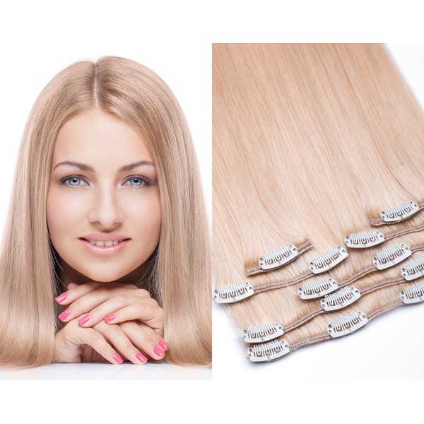 GlamXtensions Clip-In Real Hair Extensions 7 Pieces in Colour No. 24 Medium Blonde and Length 70 cm / Weight 100 g Remy Real Hair