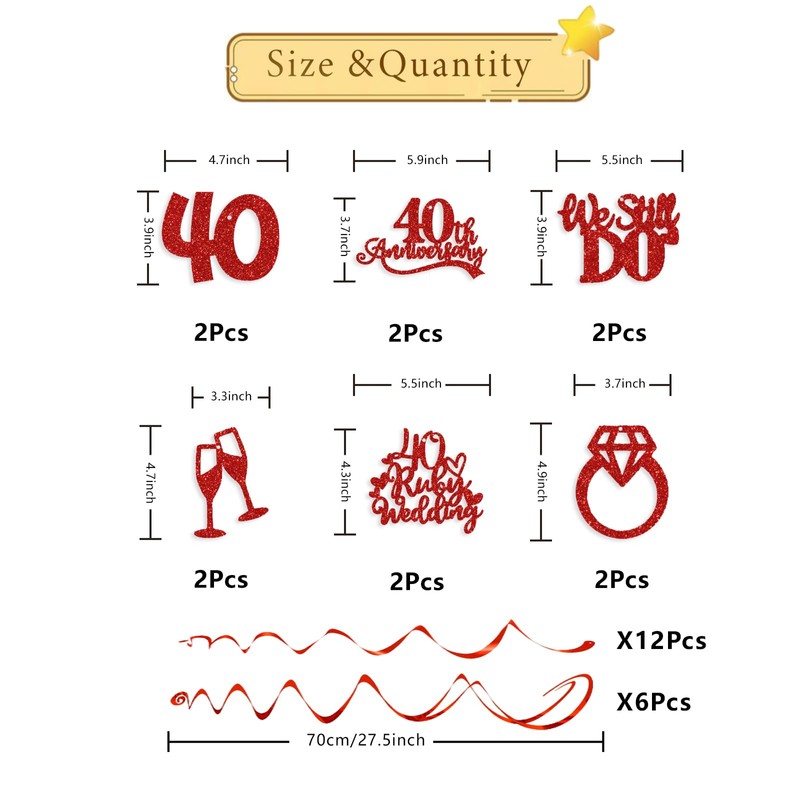 Plzaxou 40th Anniversary Decorations, Red Glitter Happy 40th Anniversary Hanging