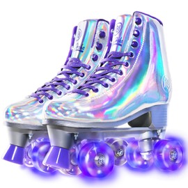 JajaHoho Roller Skates for Women, Holographic High Top Classic Rollerskates with Shiny Double-Row Glitter Wheels Quad Skates for Girls, Indoor & Outdoor (Silver Purple, Size 10)