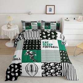 Erosebridal Kids Football Comforter Set Twin Eat Sleep Football Bedding Set Sports Game Sketch Quilt for Boys Youth Black Green Patchwork Geometric Striped Duvet Insert with 1 Pillowcase