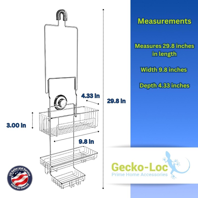 Gecko-Loc SHS-015EXT Extra Long Adjustable Hanging Shower Caddy, Over-the-Showerhead Organizer