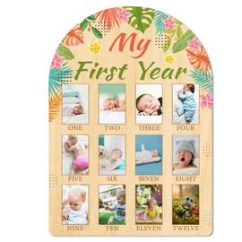 ORIGACH My First Year Baby Growth Photo Display Wood Board - 12 Months Newborn Milestones Photo Board - Neutral Baby Keepsake Board 1st Birthday Party Nursery Decor New Mom Gift - Tropical Leaves