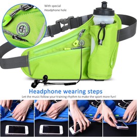 Tyuodna Running Belt with Water Bottle Holder,Ultra Light and Waterproof Waist Pack, with Reflective Strips and Headphone Hole Ideal Adjustable for Exercise, Travel Hiking & Outdoor (Green+Bottle)