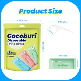 COCOBURI Individually Wrapped Dental Floss Picks-Disposable Floss Picks for Adules-Floss Single Bag-Unflavored Floss Picks-BPA Free-Bulk Floss Sticks-150 Counts