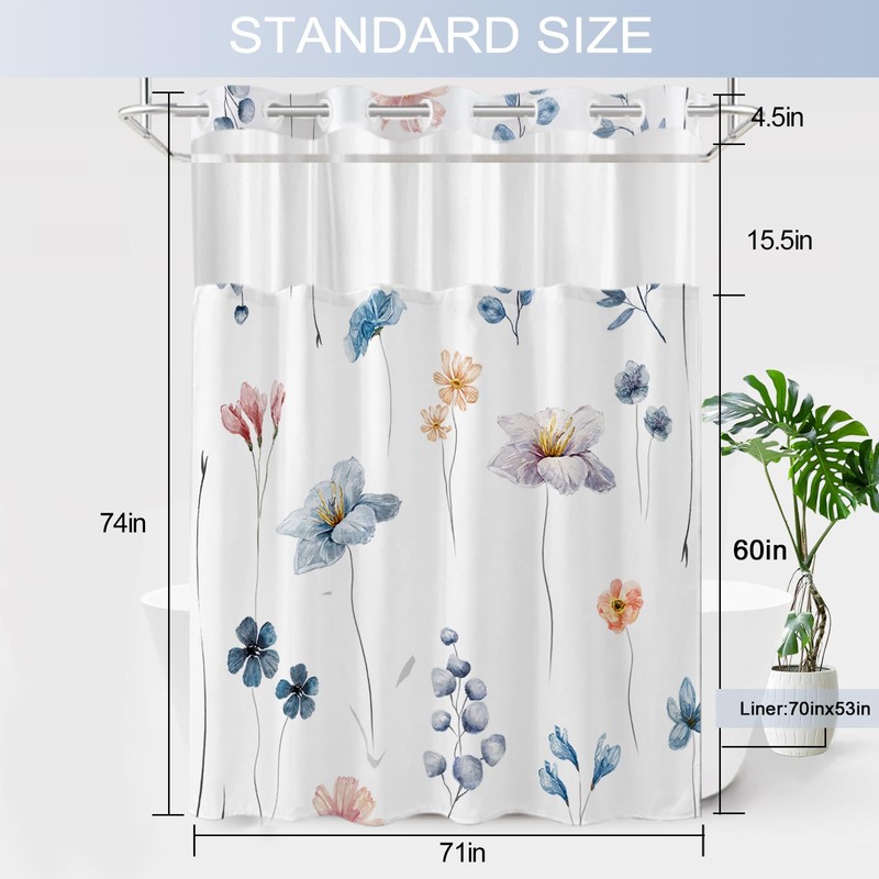 SSCRCUSLY No Hook Shower Curtain and Liner Set, Watercolor Blue