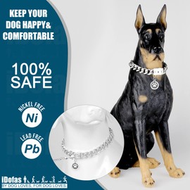 iDofas Chain Dog Collar 15mm Silver Cuban Link Dog Collar with Snap Buckle Silver Plated Stainless Steel Metal Dog Chain Collars for Puppy Small Medium Large Dogs Includes Dog tag & Bell(10")