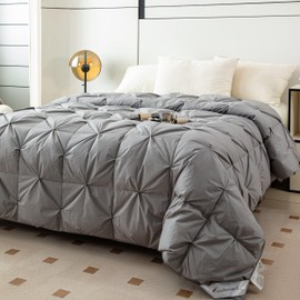 Pinch Pleat Down Feather Comforter, All Season Medium Warmth Ultra-Soft 750 Fill-Power,Grey Bedding Down Feathers Duvet Inserts with 8 Tabs, Cal King (108x94inch)