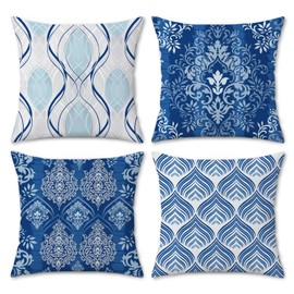 Vintage Boho Throw Pillow Covers 18x18 Inch Navy Blue Floral Geometric Striped Decorative Pillows Soft Velvet Cushion Cases for Couch Sofa Bed Home Decor Set of 4
