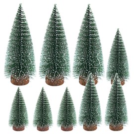 9 PCS Mini Christmas Tree, Small Christmas Cedar Tabletop Decoration, Bottle Brush Trees with Wood Base for Winter Holiday Xmas Party Home Decor