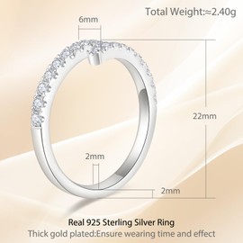 Adjustable Open Twist Moissanite Wedding Band for Women，D Color VVS1 Round Cut Simulated Diamond Fancy Half Eternity Ring S925 Sterling Silver with 18K White Gold Plated Stackable Gemstone Jewelry（6）