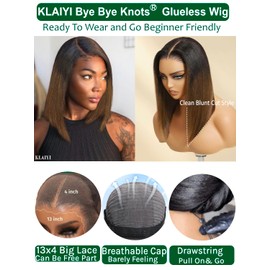 KLAIYI Ombre Brown Yaki Straight Bob Wig Human Hair Glueless 13x4 Precut HD Lace Front Wigs Drawstring Bye Bye Knots Pre Plucked Bleached Pre Everything Wear and Go Wig with Dark Roots Chestnut 10Inch