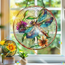 Bimkole Dragonfly Sun Catchers Indoor Window - Flowers Acrylic Suncatcher Hanging Decoration for Living Room Bedroom Summer Home Balcony Outdoor Garden Ornaments Decoration 7.8x7.8 Inch
