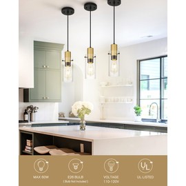 Emak 2 Pack Black Gold Pendant Light, Modern Farmhouse Pendant Lights Kitchen Island with Clear Glass Shade, Mini Hanging Lights for Bedroom, Kitchen, Dining Room, PL120-BKBGD-2PK