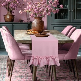 Pink Table Runner 72 Inches Long - Country Ruffled Table Scarf with Cotton Texture, Rustic Farmhouse Style for Dresser Runner Tops, Dining Tables & Bridal Shower Décor