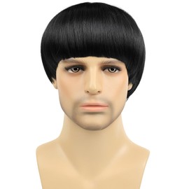 Black Mushroom Wig for Men Short Bowl Cut Wigs for Halloween Party Funny Bob Wigs with Bangs for Man Costume Cosplay (Black)