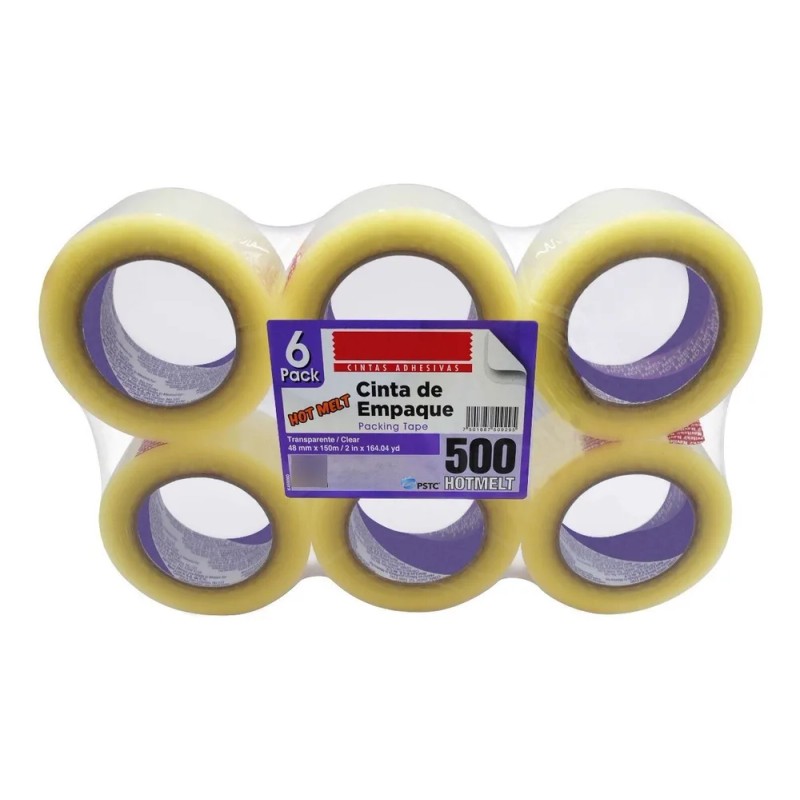 Cinta Empaque 150 Metros Transparente Hotmelt-500 (6 Piezas)