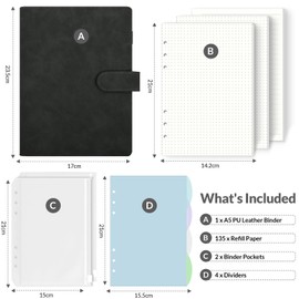 SKYDYE A5 Ring Binder, A5 Refillable, 135 Sheets A5 Refill Paper, Notebook A5 with Binder Pockets, A5 Binder for School Notes and Travel Journals (Black)
