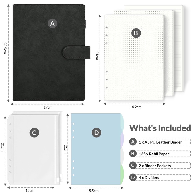 SKYDYE A5 Ring Binder, A5 Refillable, 135 Sheets A5 Refill