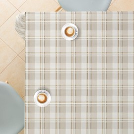 Cream Tartan Pattern Vinyl Table Cloth Wipe Clean Rectangle 200x140cm | 78x55in Up To 6 Seats - Heavy Weight Wipeable Tablecloth Waterproof Plastic PVC Table Cover In Light Beige Luxury Madcuff