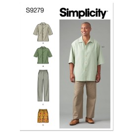 Simplicity Men's Relaxed Fit Shirt and Tapered Shorts or Pants Packet, Code 9279 Sewing Pattern, Sizes 34-42, White