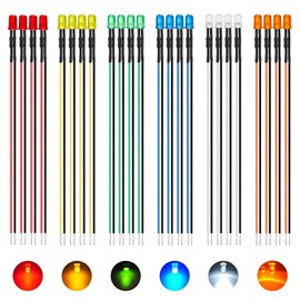 AUKENIEN 60 Pieces 5 mm 12 V Pre-Wired LED Light Emitting Diodes Assortment Kit 12 Volt Round Head Diffuse LED Diodes Light Emitting Diode Set 6 Colours White Red Yellow Green Blue Orange (10 Pieces