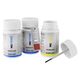 MG PRIME Autolack Lackstift Set für Ford KYREWHA/XSCBP Sedona Orange Metallic/Sedona-Orange Metallic Grundlack Basislack Klarlack je 50ml
