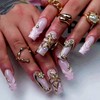 Uñas postizas medianas cuadradas rosas con diseño de flor 3D