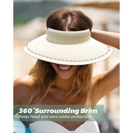 Creekstone Sun Visor Hats for Women Straw Visor Wide Brim UV Protection Packable Summer Beach Hat Ponytail Travel UPF 50+ (US, Alpha, One Size, Khaki)