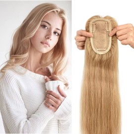 Smilco Hair Toppers for Women 6 Inch Top Hair Extensions 180% Density 100% Remy Human Hair Topper No Bangs Silk Base Clip in Hair Pieces Topper for Covering Loss Thinning Hair (#27 Light Golden,35g)