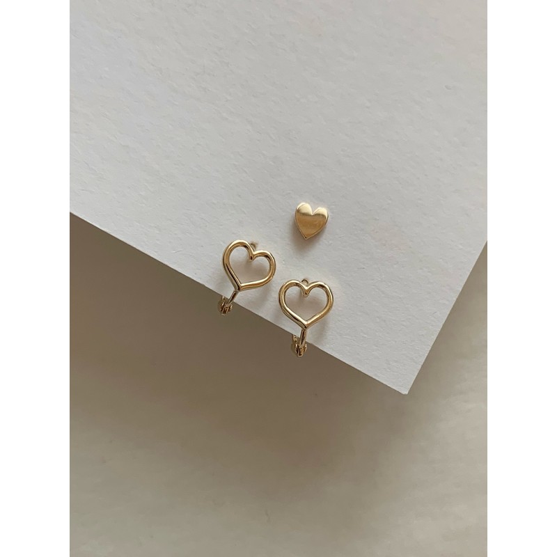 14k flat heart mini earrings, 2 types, layered gold earrings,