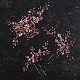 SELFCLOUD Brides Rhinestone Flowers Hair Comb Crystals Hair Pins Bridal Wedding Hair Accessories Hair Piece Jewelry Headpiece for Brides Wedding Women and Girls Proms (3PCS) (GOLD+LIGHT PINK)