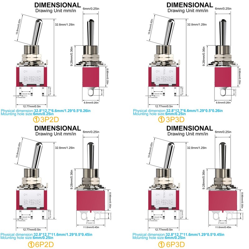 DIYhz 20PCS（4 Kinds） Toggle Switch AC 5A/125V 2A/250V 3（6） Pin
