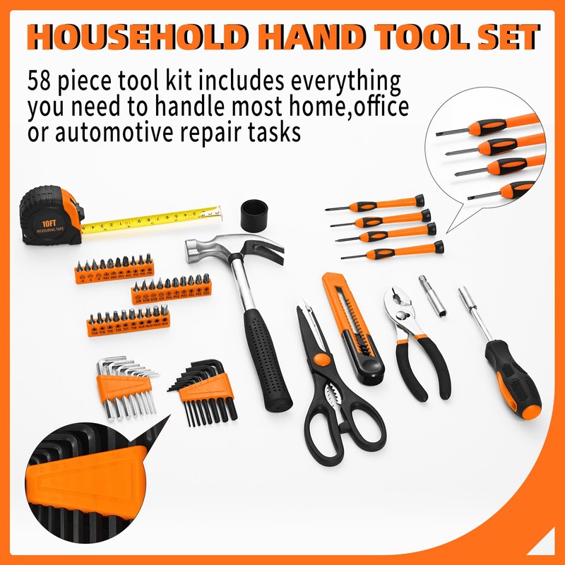 58-Piece Tool Kit Basic Home Repair Tool Set, General Household