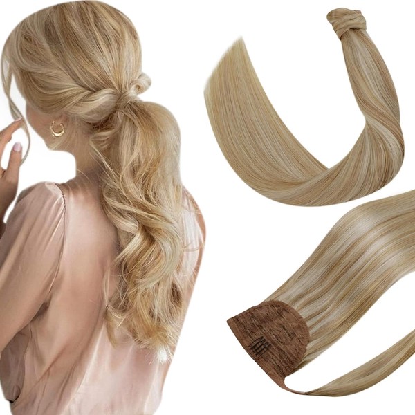 Hetto Ponytail Real Hair Extensions, Blonde Braid Extensions, Remy, Ponytail Hair Extensions, Highlights, Dark Gold with Bleached Blonde, #14/613, 35 cm, 70 g