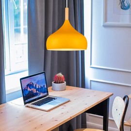 iDEGU Pendant Lamp Retro 24 cm Pendant Light Modern Scandinavian E27 Ceiling Light Made of Metal Wood Pendant Light for Bedroom Dining Room Kitchen Living Room (Orange-Yellow, Pack of 1)