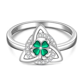 St Patricks Day Rings Shamrock Ring for Women Sterling Silver 4 Leaf Clover Ring Shamrock Celtic Knot Triangle Irish lucky Green Prom Friendship Jewelry Size 7