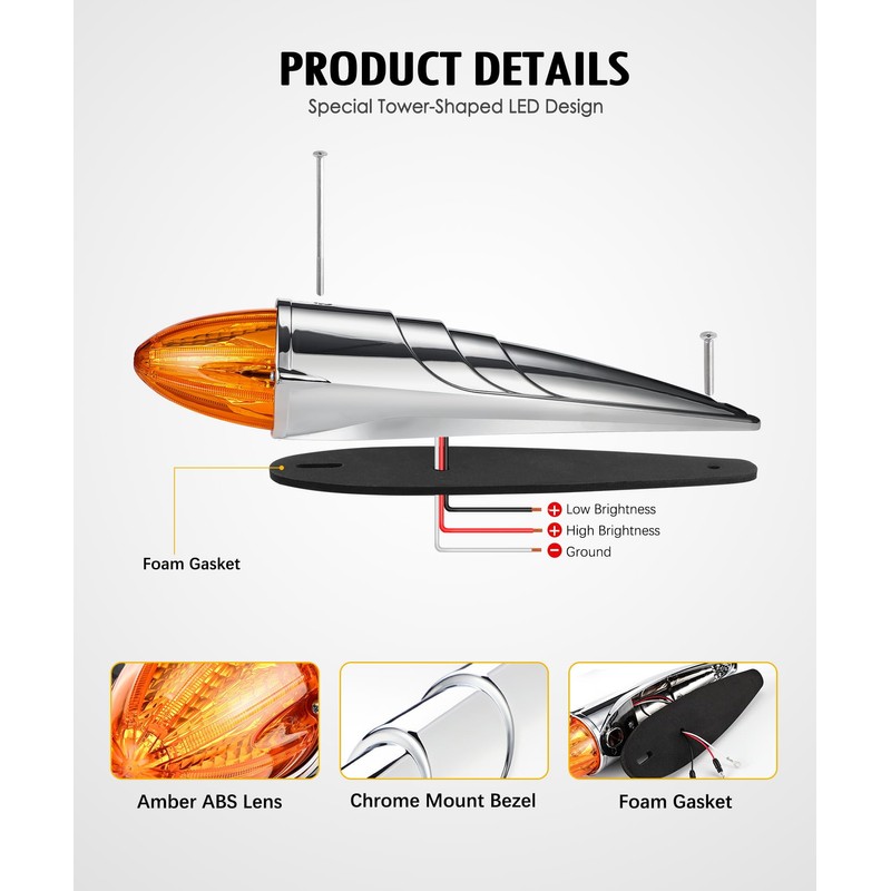 Partsam 5Pcs Amber Torpedo Cab Marker, LED High/Low Brightness Chrome