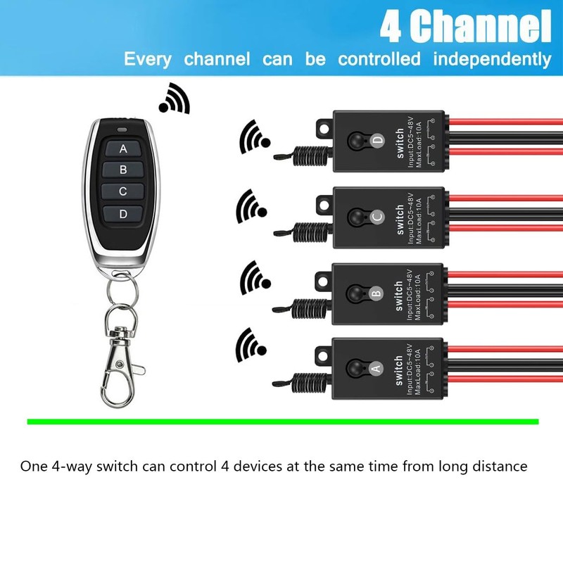 Meskliu 12v Remote Control Switch,4 Way Mini Wireless Switch,DC 12V/24V/48V/10A